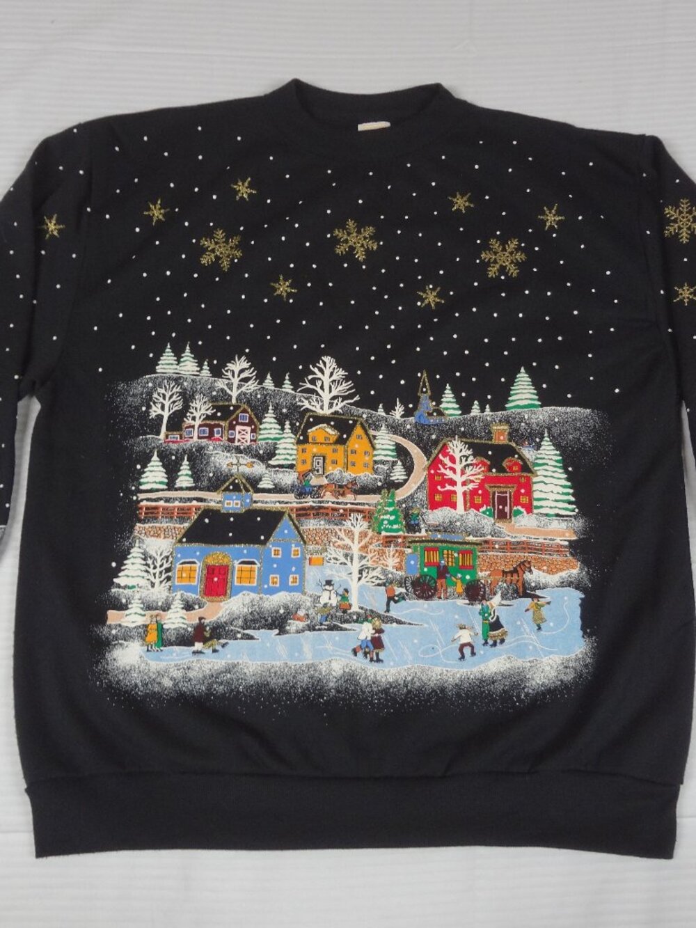 VINTAGE HOLIDAY TIME CHRISTMAS PUFF PAINT SWEATER BLACK LARGE WOMEN SWEATER L722